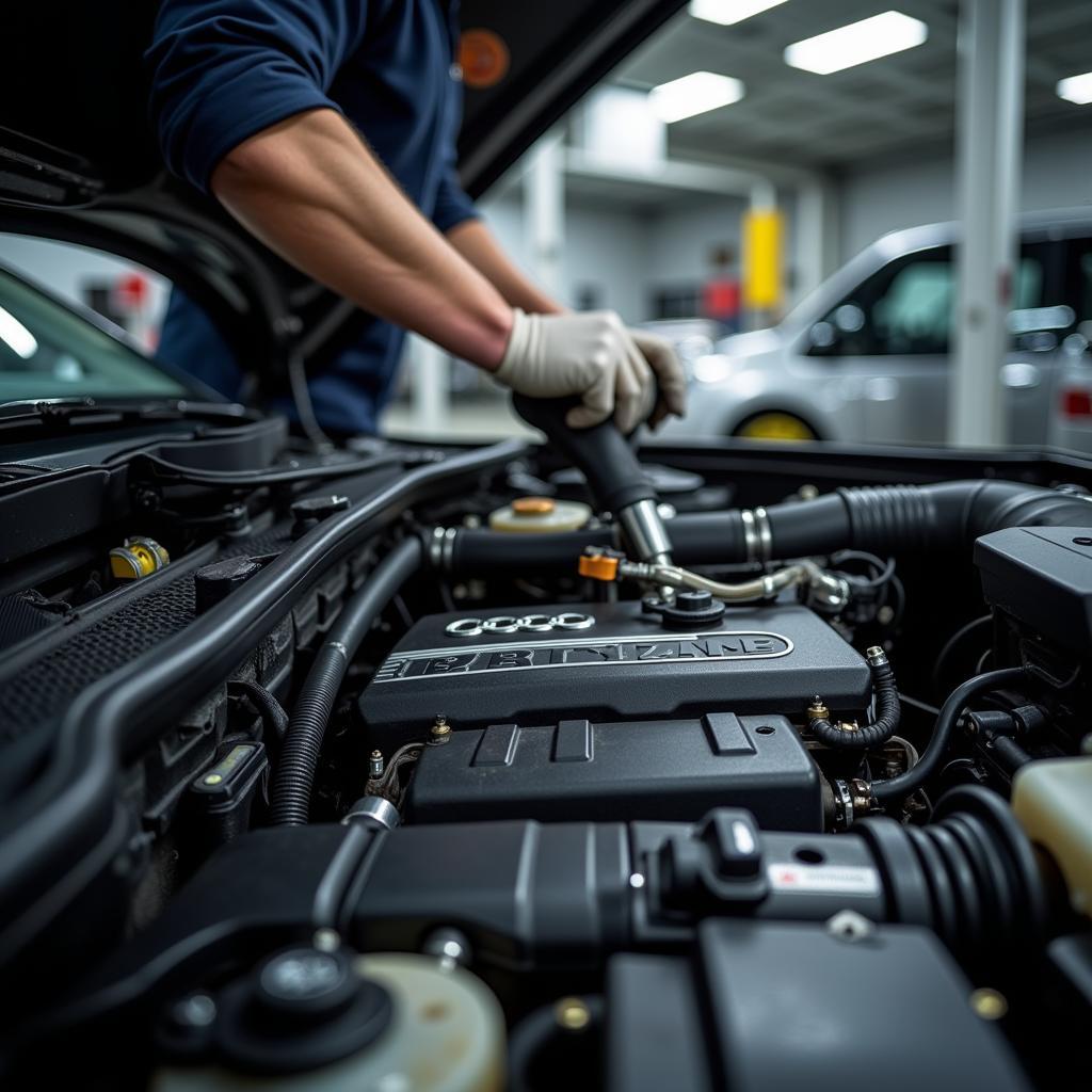 Mechaniker arbeitet an einem Audi in der Werkstatt