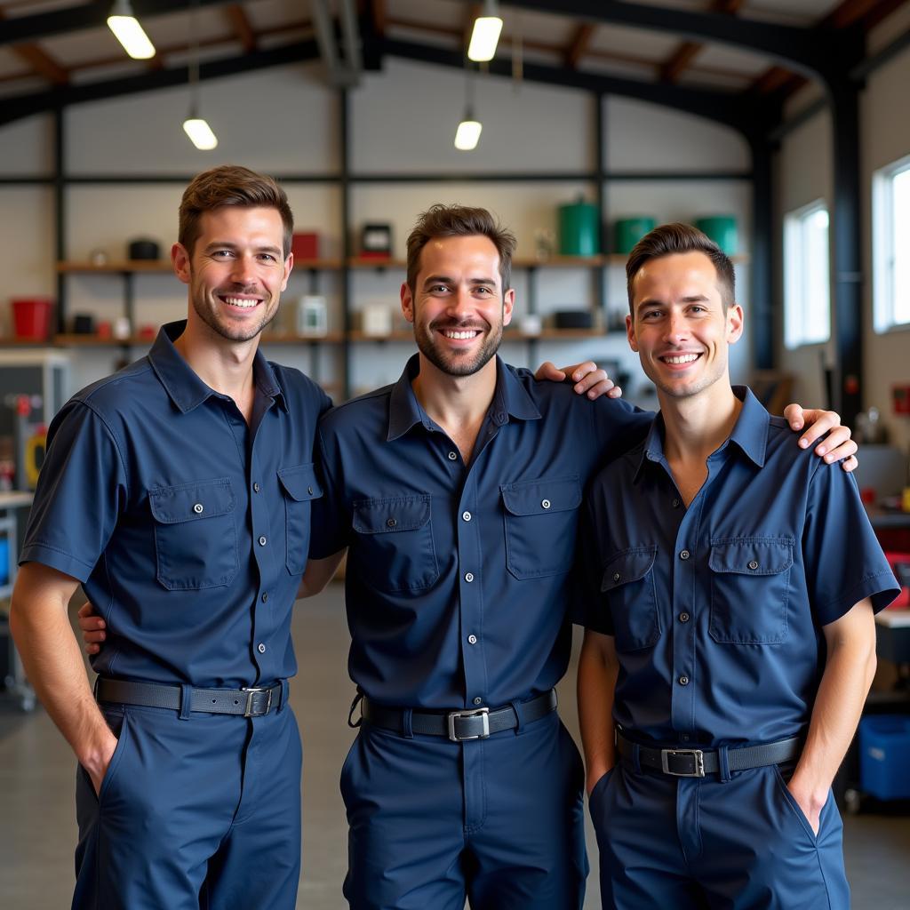 Ein Team von Mechanikern lächelt in die Kamera, im Hintergrund eine Autowerkstatt.