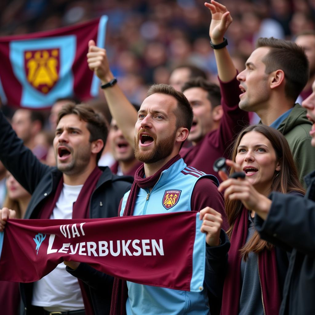 Fans von Bayer Leverkusen und West Ham United im Stadion