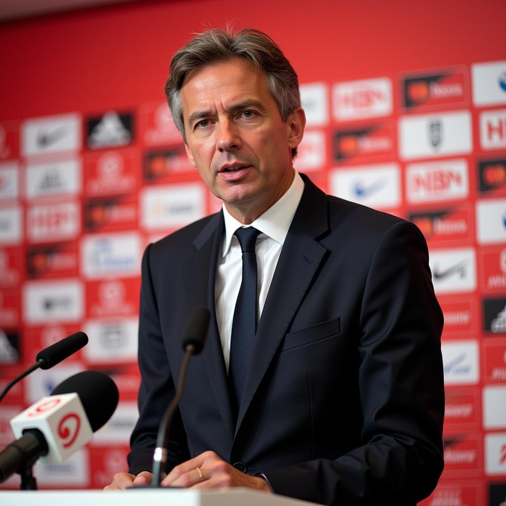 Wolfgang Böckly bei einer Pressekonferenz von Bayer 04 Leverkusen