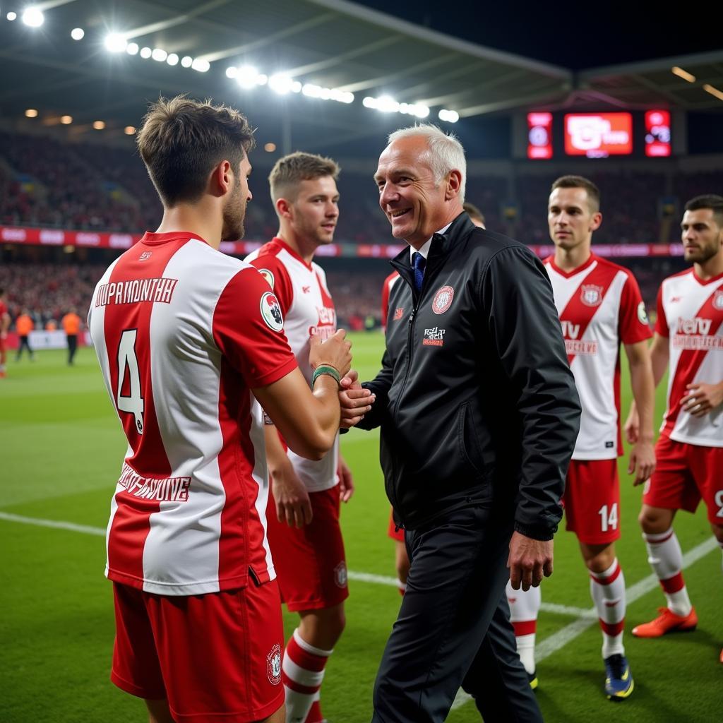 Wolfgang Böckly gratuliert Spielern von Bayer 04 Leverkusen