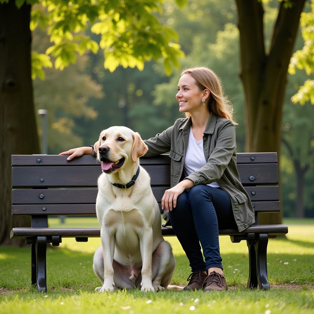 Ein Labrador Retriever sitzt zufrieden neben einem Housesitter im Neuland-Park in Leverkusen