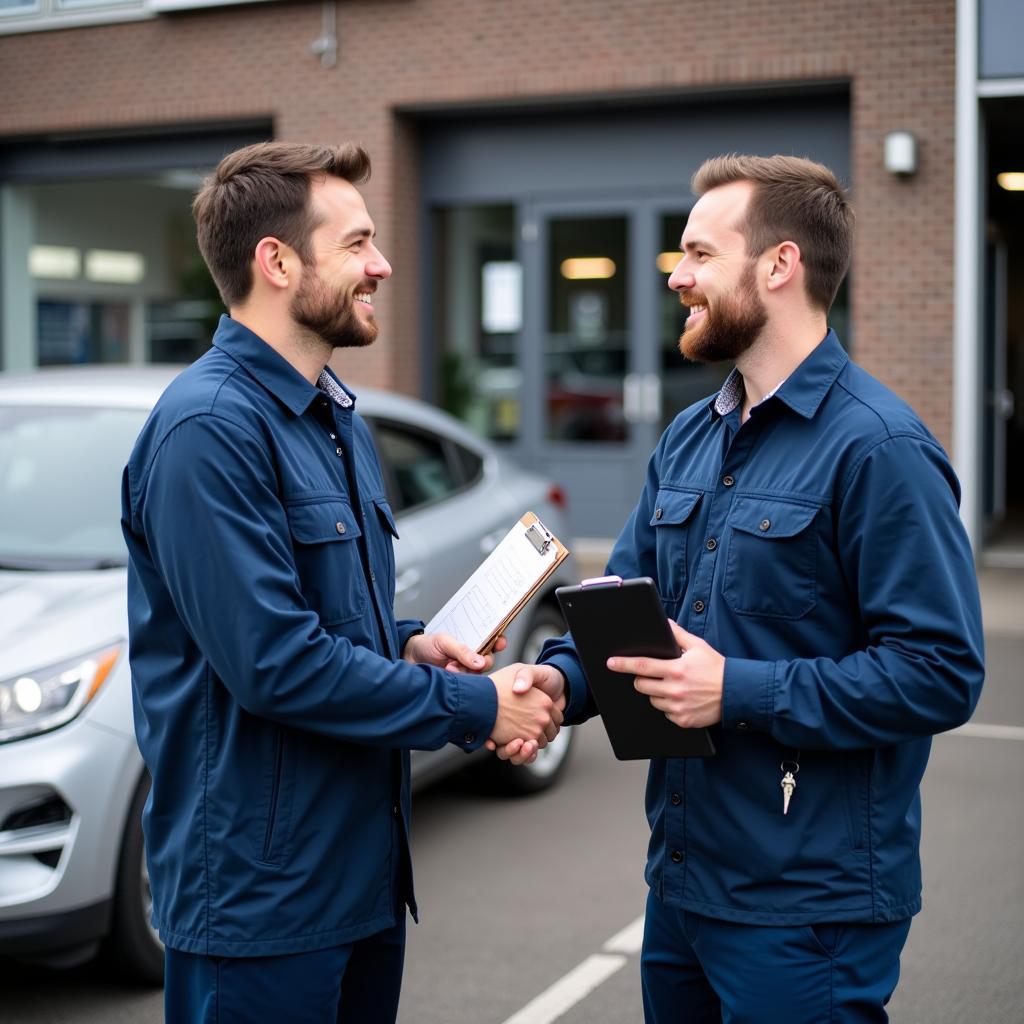 Zufriedener Kunde holt Auto ab