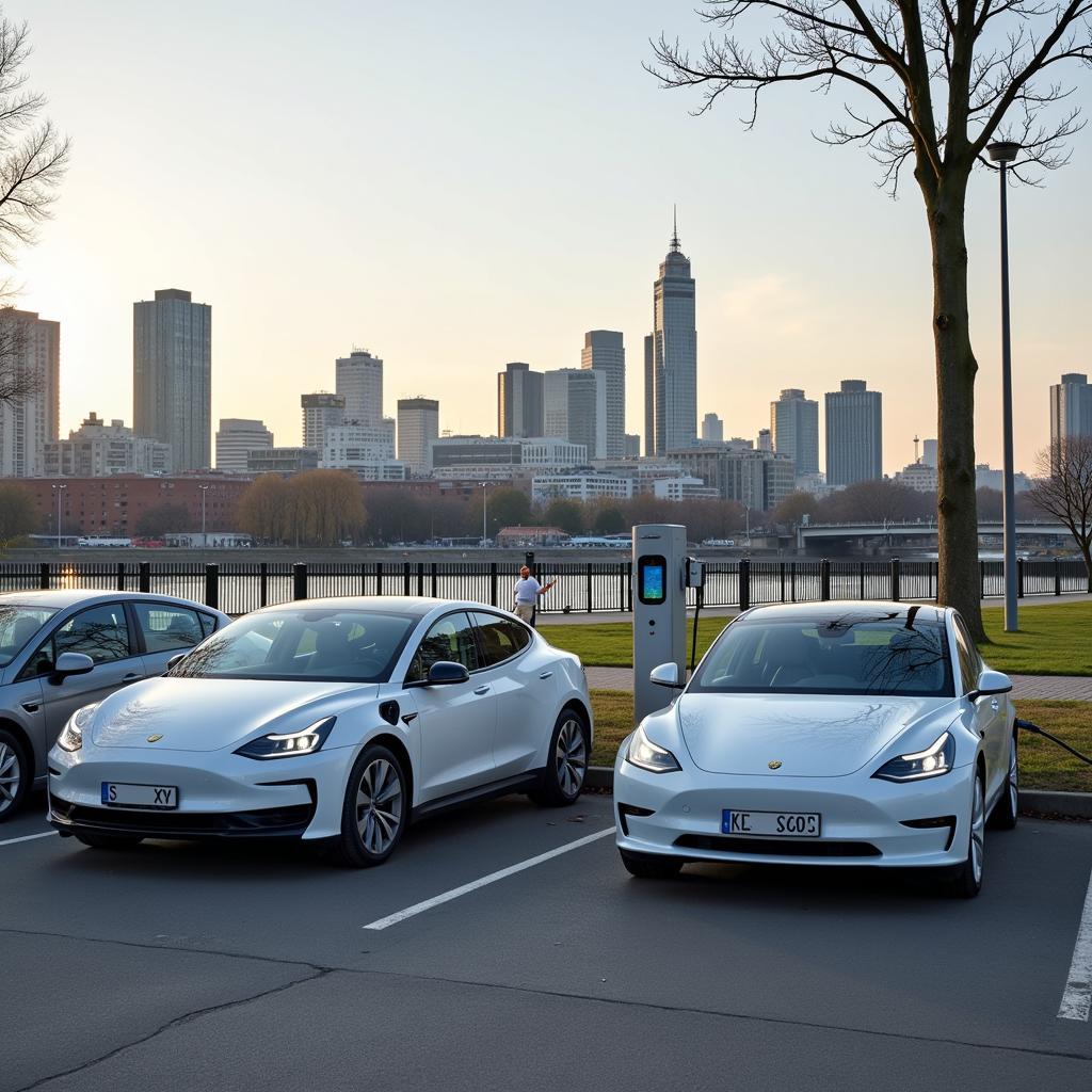 Elektrofahrzeuge werden vor dem Hintergrund der Leverkusener Skyline aufgeladen