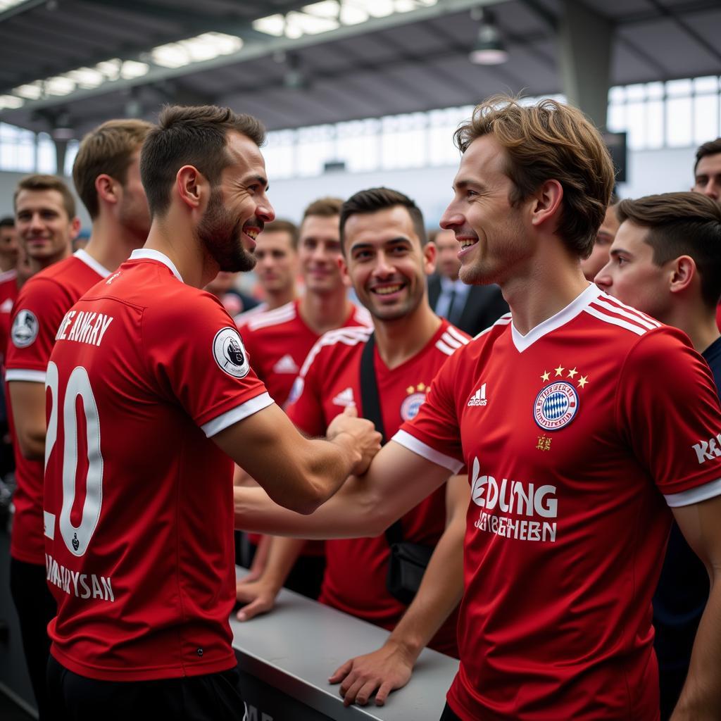 Spieler von Bayer Leverkusen treffen sich mit Fans.