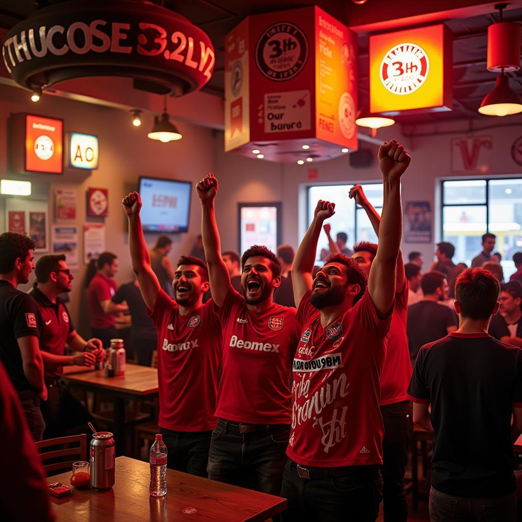 Fußballfans feiern einen Sieg von Bayer 04 Leverkusen im 3h's Burger Restaurant.