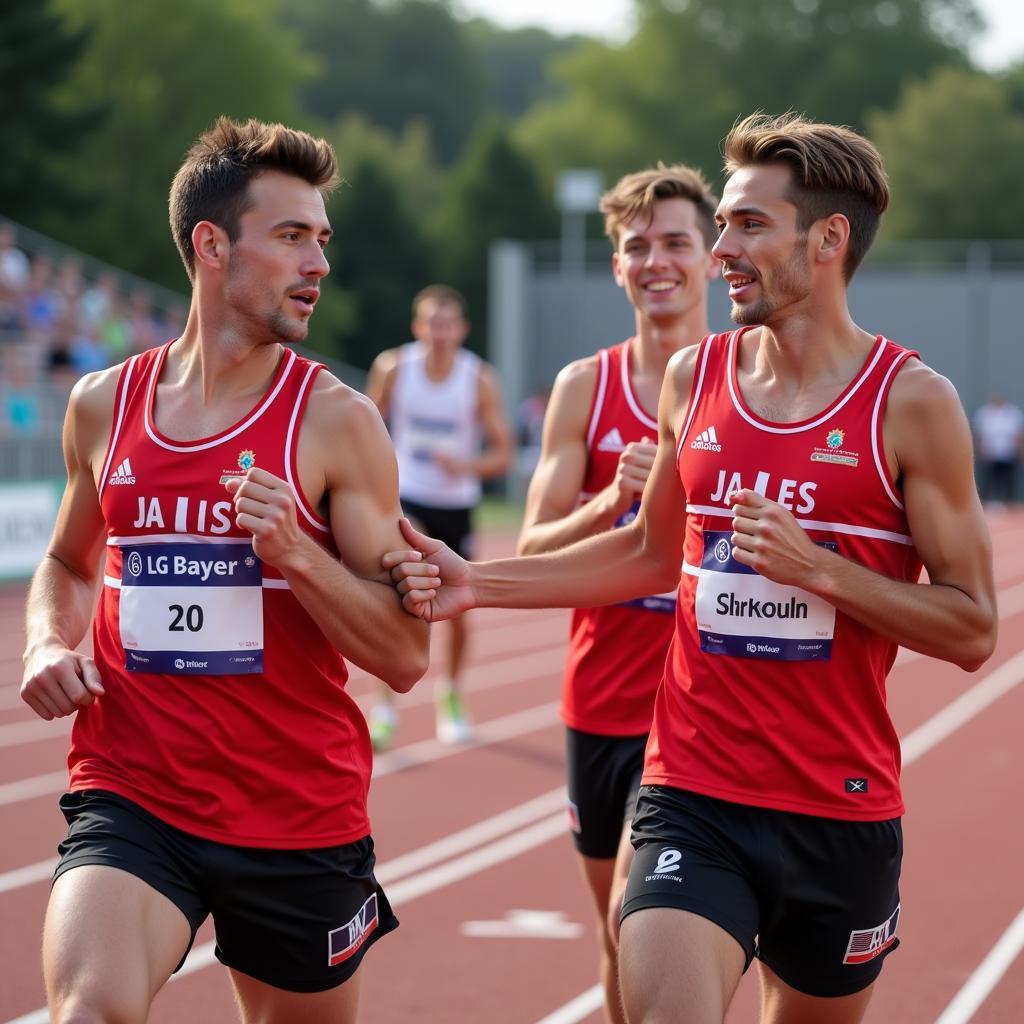 3x1000m Staffel der LG Bayer Leverkusen beim Wechsel. Ein Athlet übergibt den Staffelstab an seinen Teamkollegen.