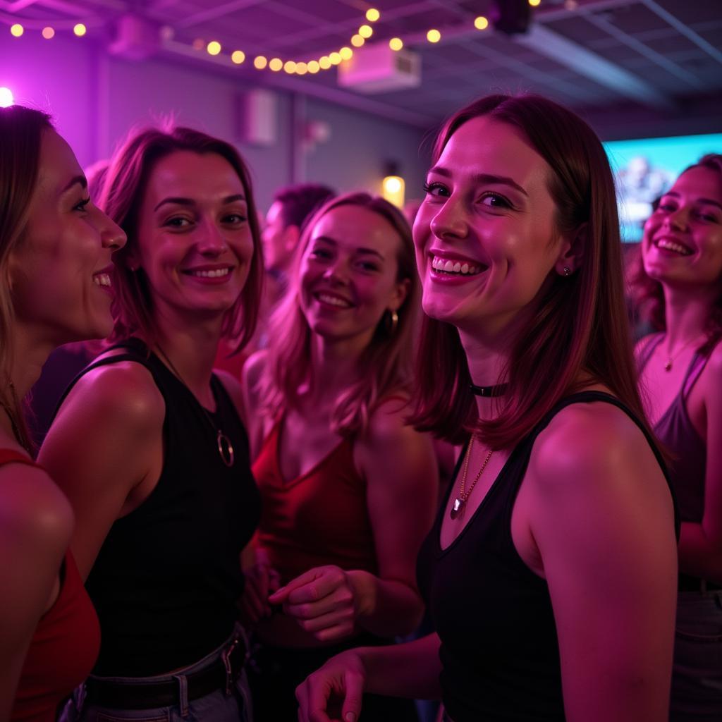 Freunde feiern zusammen auf einer 80/90er Party in Leverkusen.  Sie lachen, tanzen und genießen die Musik.