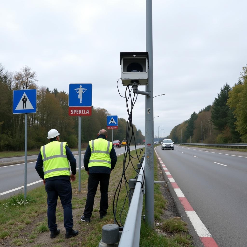 Installation des neuen Blitzers an der A1 Leverkusen