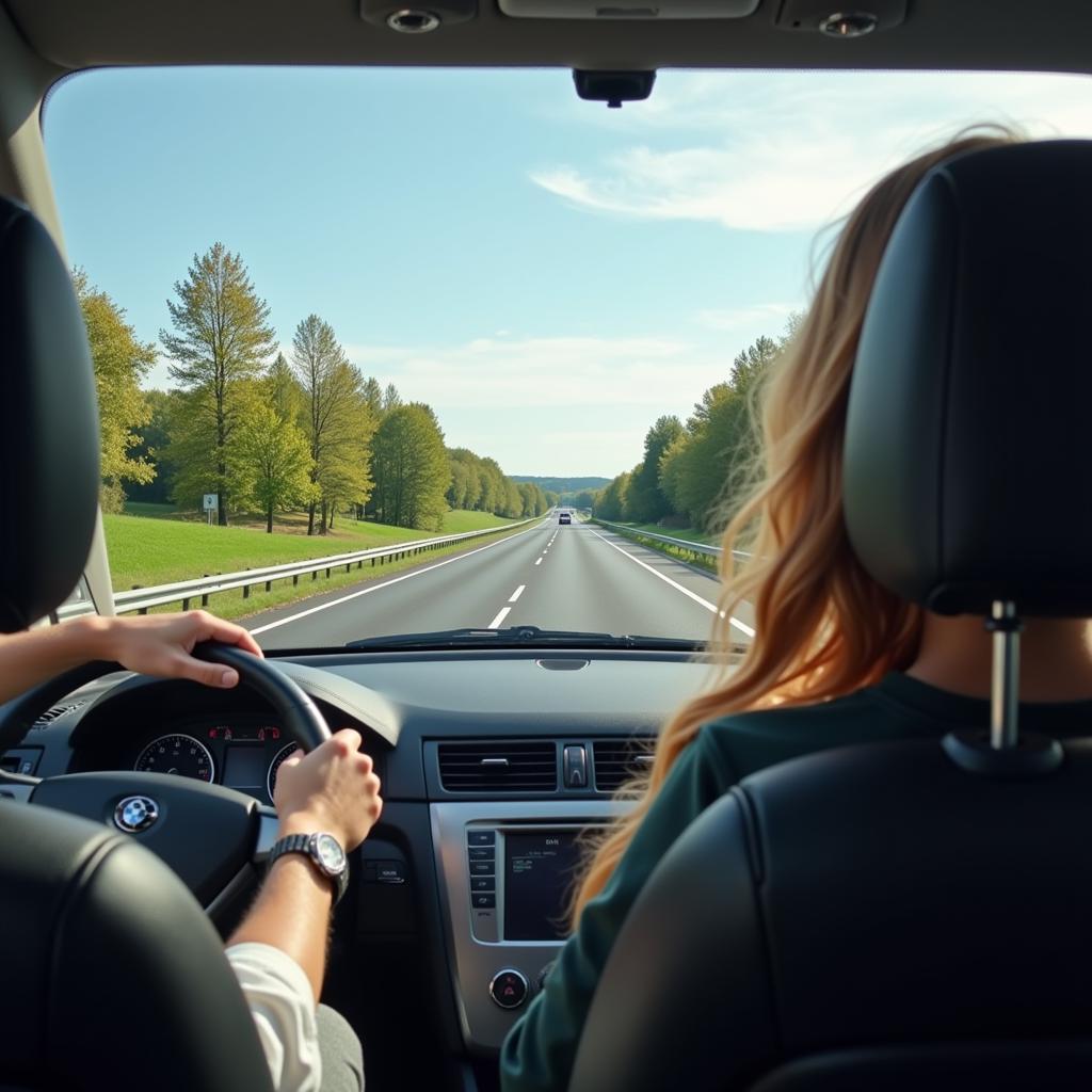 Entspannter Fahrer im Auto mit Blick auf eine freie Autobahn nach erfolgreicher Planung der Route