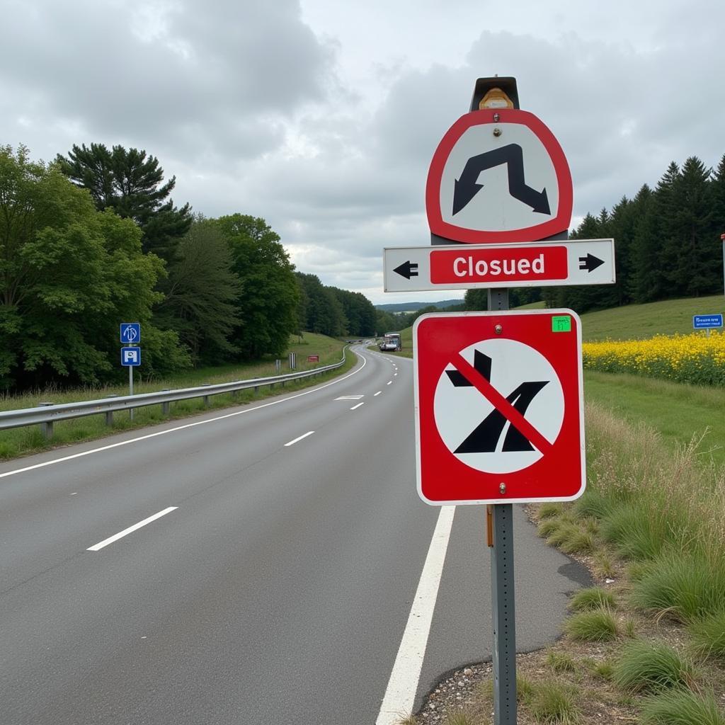 Verkehrszeichen weisen auf Umleitungen aufgrund der A3 Sperrung bei Leverkusen hin.