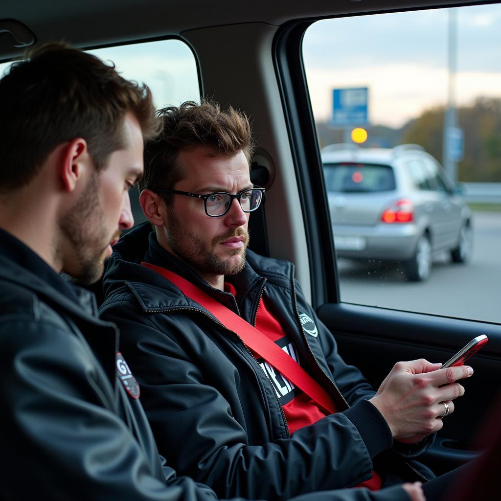 A3 Stau Solingen Leverkusen: Fans im Stau auf der Autobahn A3 bei Solingen auf dem Weg zum Bayer 04 Leverkusen Spiel.