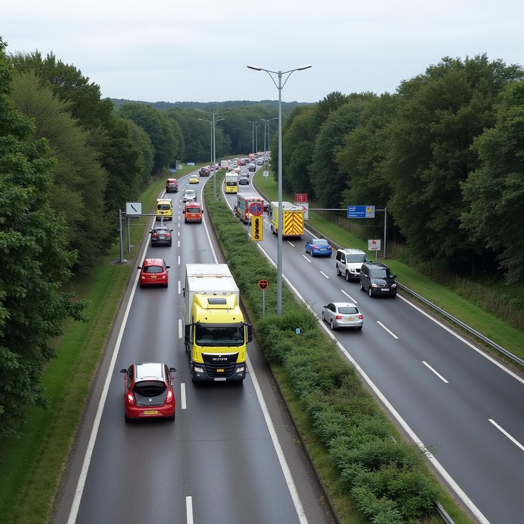 Stau auf der A59 bei Leverkusen nach einem Unfall.