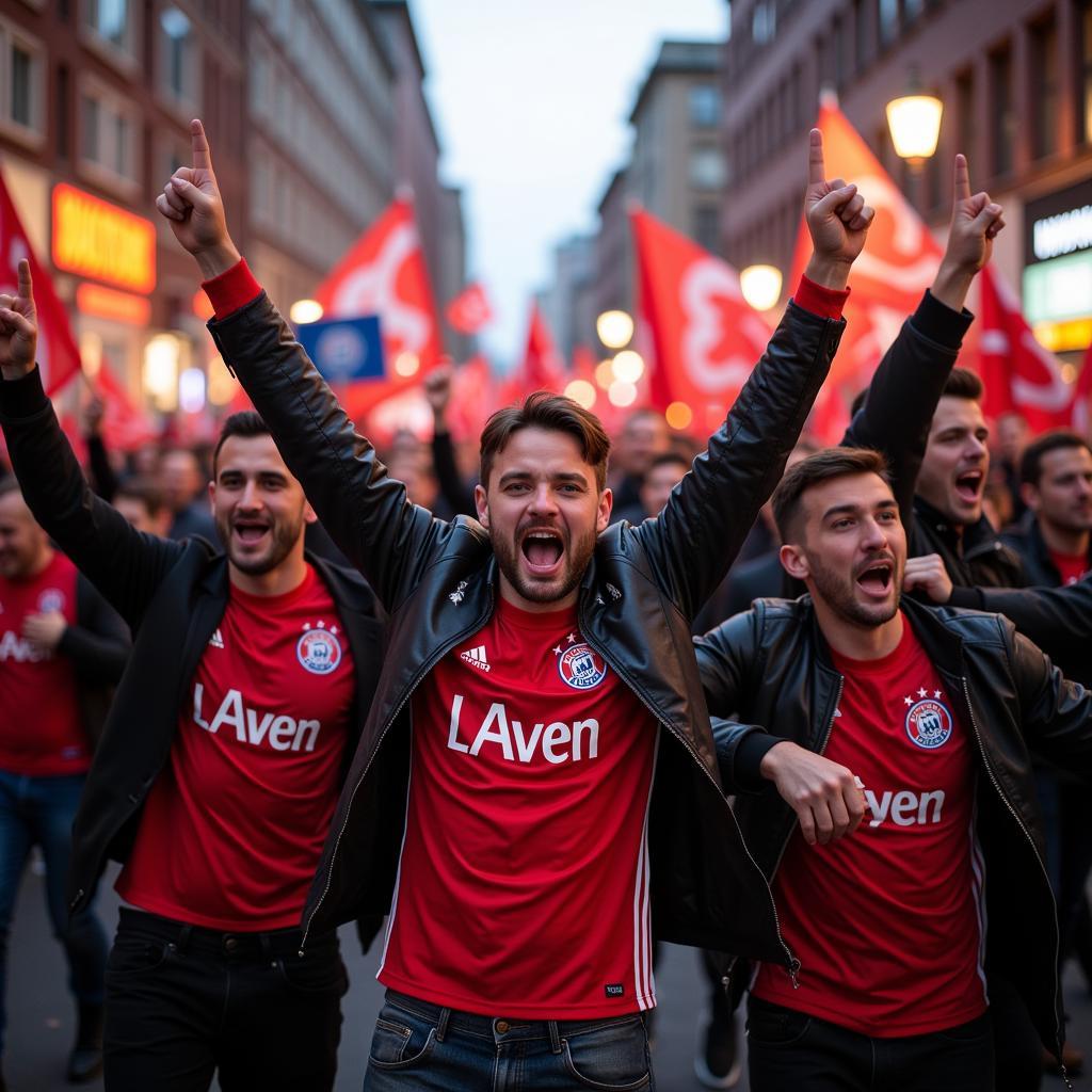 Fans von Bayer 04 Leverkusen feiern in der Stadt.