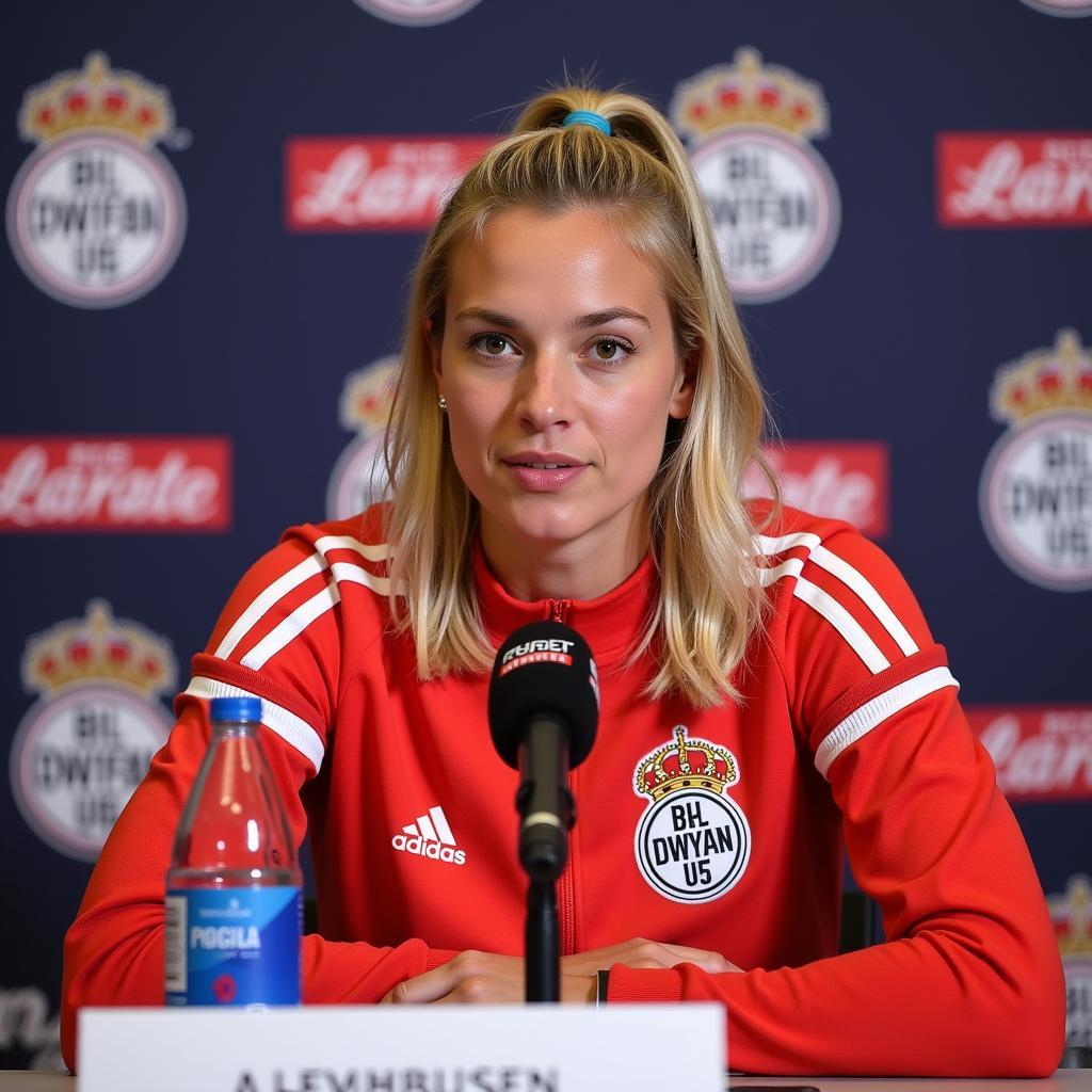 Ada Hegerberg bei einer Pressekonferenz von Bayer Leverkusen