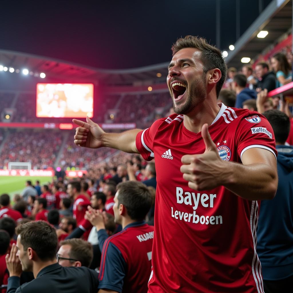 Adrian Vorreiter feiert mit den Fans in der BayArena