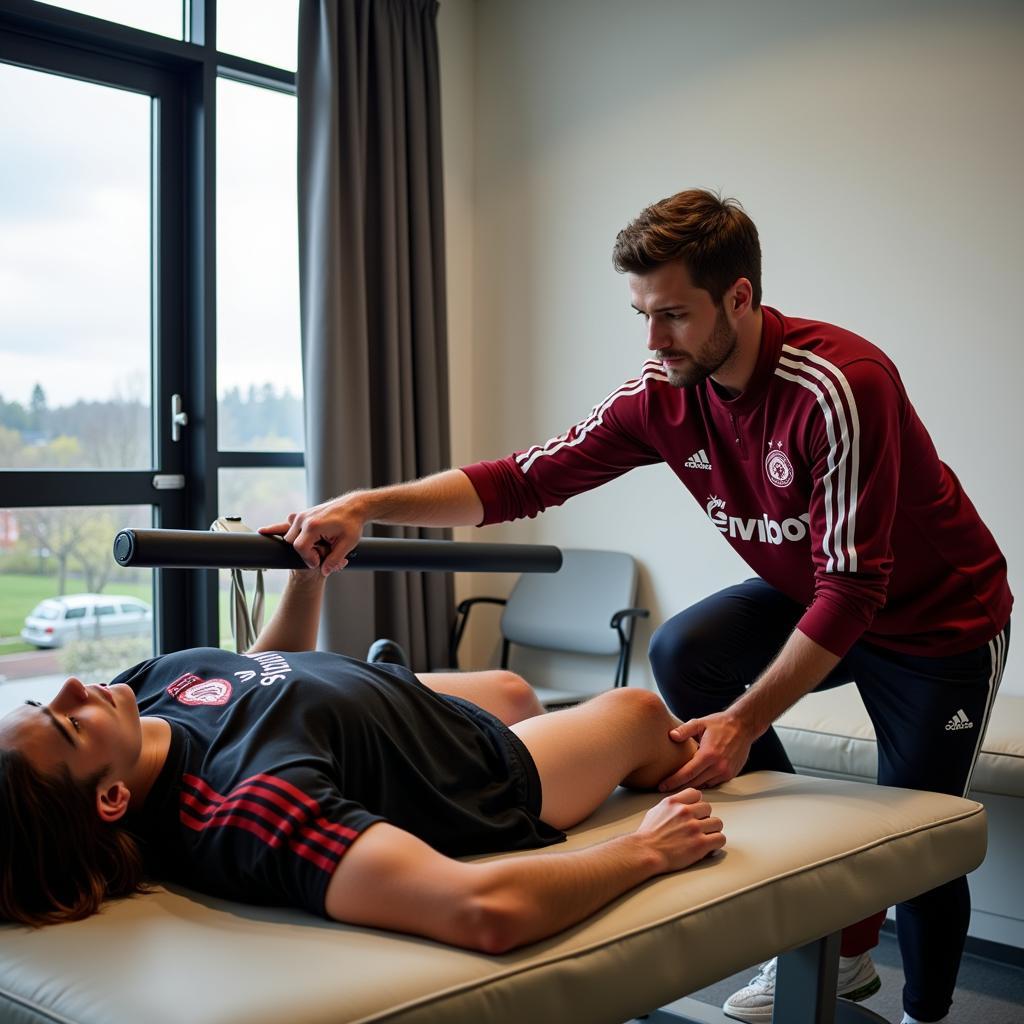 Ein Spieler von Bayer 04 Leverkusen absolviert Rehabilitationstraining