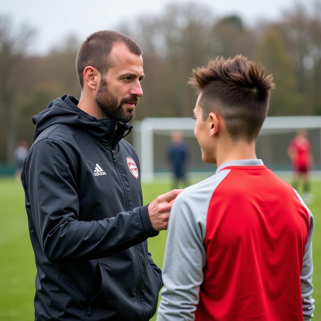 Trainer und Spieler der AGL Leverkusen Leistungsabteilung im Gespräch