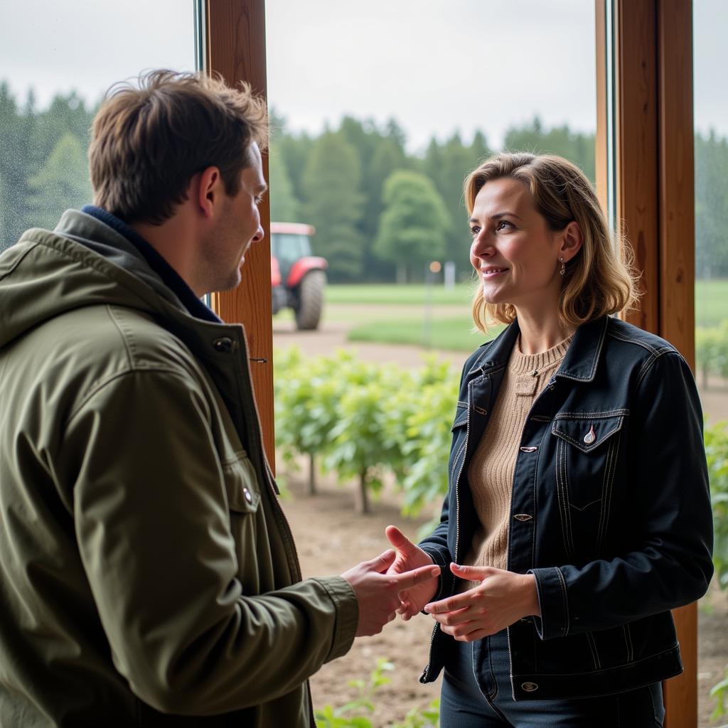 Ein Landwirt im Gespräch mit einem Agrarrechts-Experten in Leverkusen.