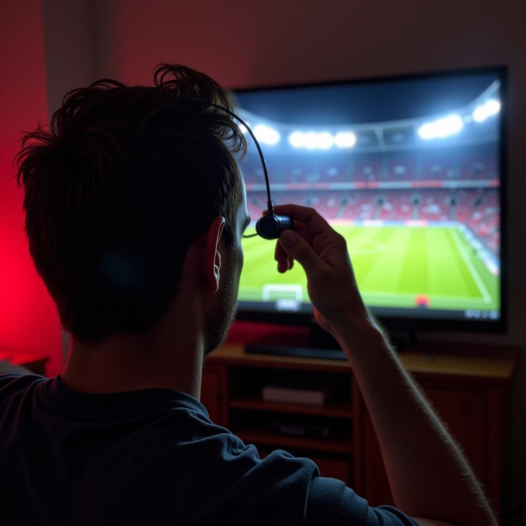 Bayer 04 Leverkusen Fan schaut Spiel zu Hause mit AirPods.