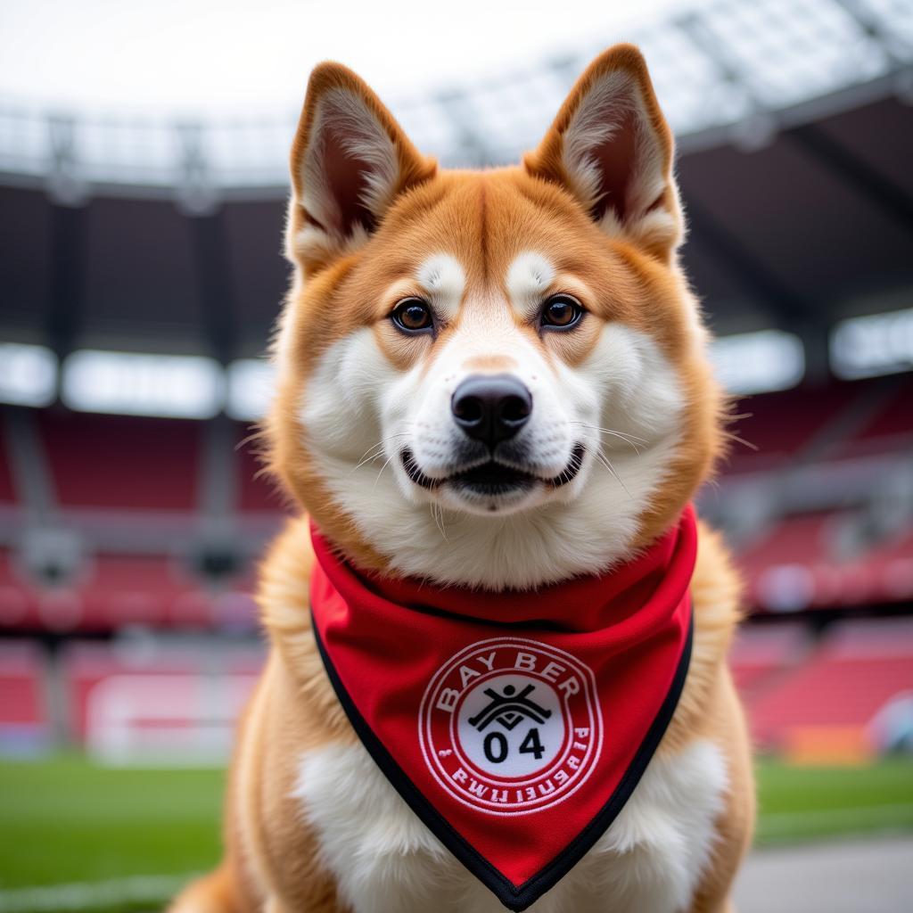 Akita Inu mit Leverkusen Schal