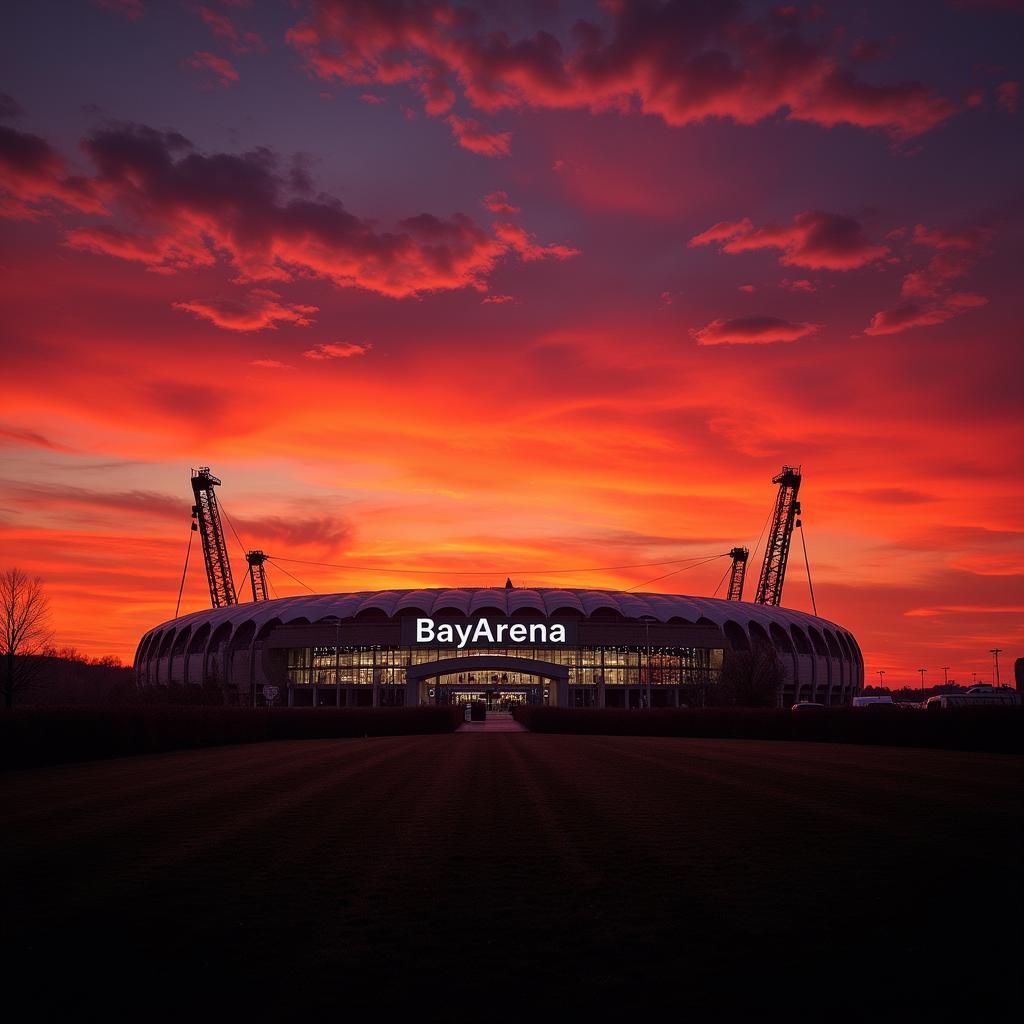 Aktueller Sonnenuntergang über der BayArena in Leverkusen: Ein atemberaubendes Panorama.