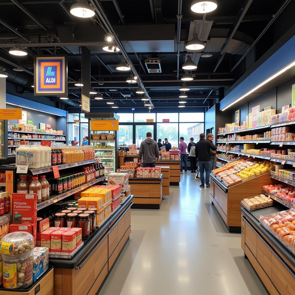 Innenansicht des Aldi-Marktes an der Bonner Straße in Leverkusen mit Fokus auf das Sortiment und die Kunden.