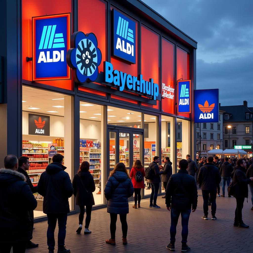 Szene vor dem Aldi-Markt an der Bonner Straße in Leverkusen an einem Spieltag mit Bayer 04 Fans.