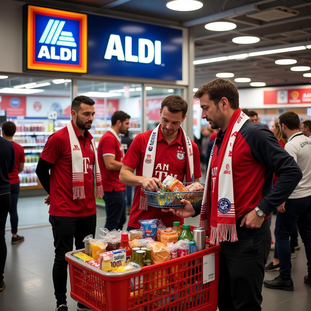 Einkaufen vor dem Spiel bei Aldi Süd in Leverkusen