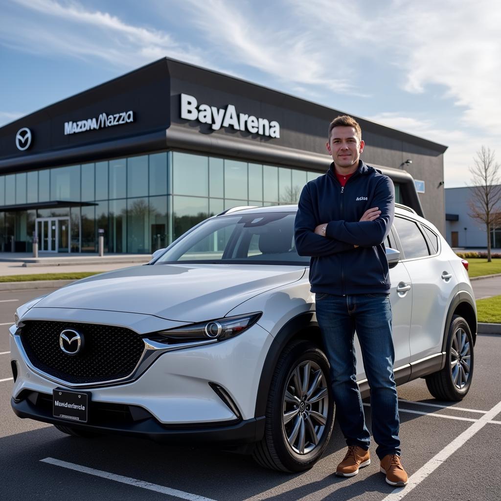 Alexander Wagner neben einem Mazda Fahrzeug vor der BayArena