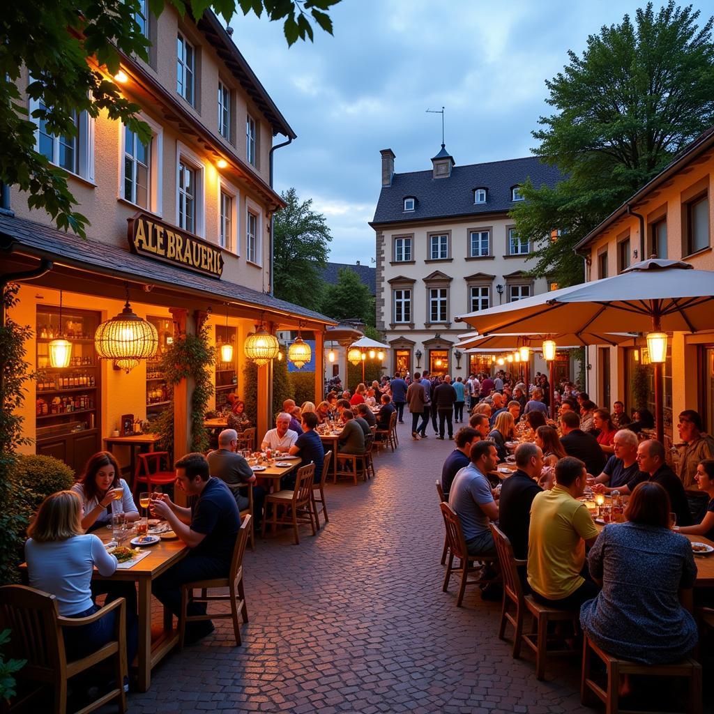 Gemütlicher Biergarten der Alten Brauerei Leverkusen mit Gästen