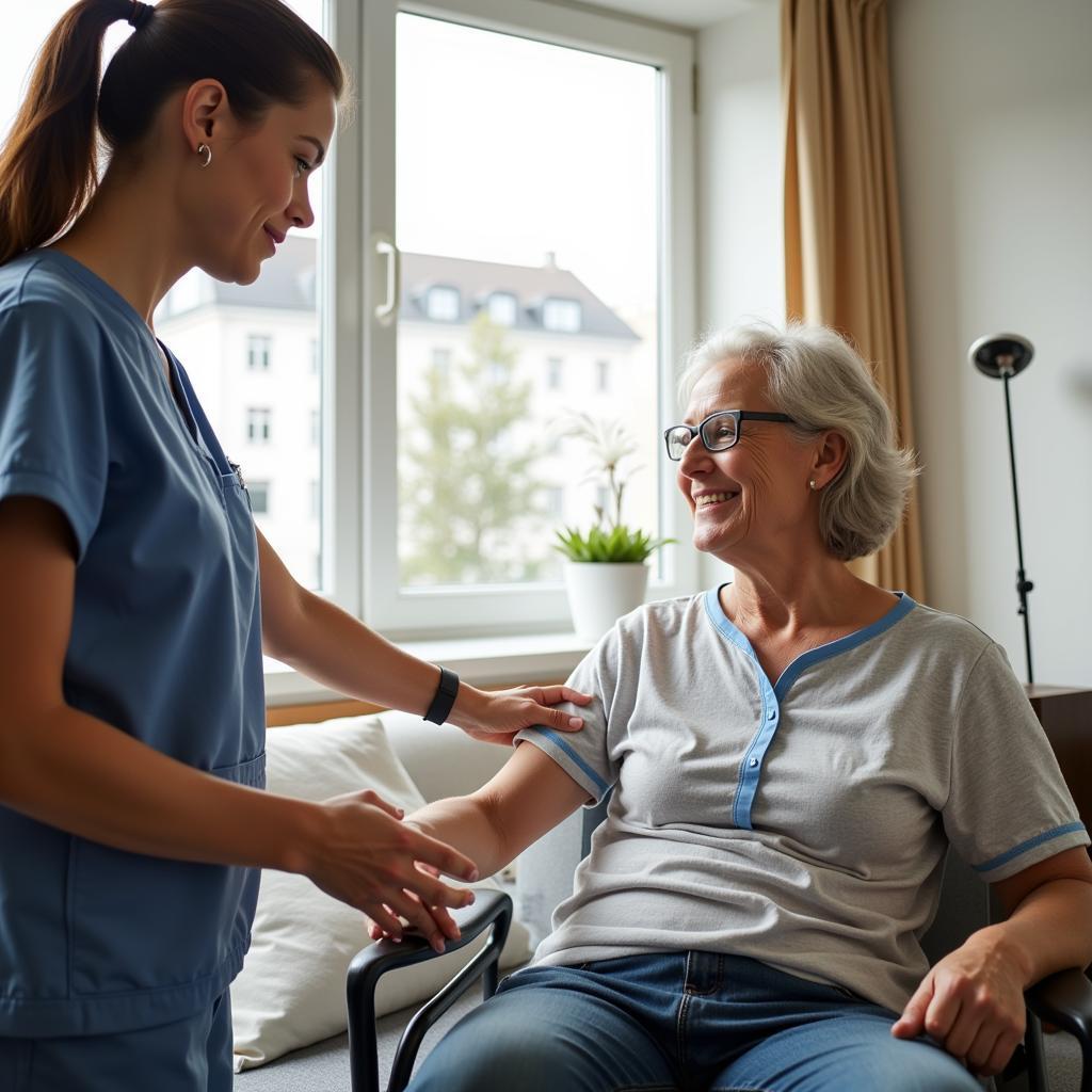 Eine Pflegekraft unterstützt einen Patienten bei der ambulanten Intensivpflege in Leverkusen.