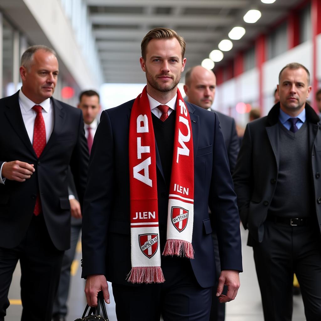 Andreas Heldt bei seiner Ankunft in Leverkusen