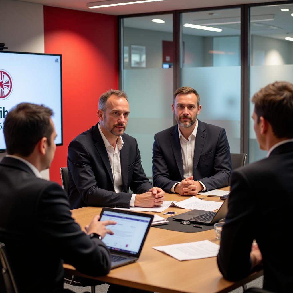 Andreas Kostmann in einem Marketing-Meeting mit Bayer 04 Leverkusen Vertretern.