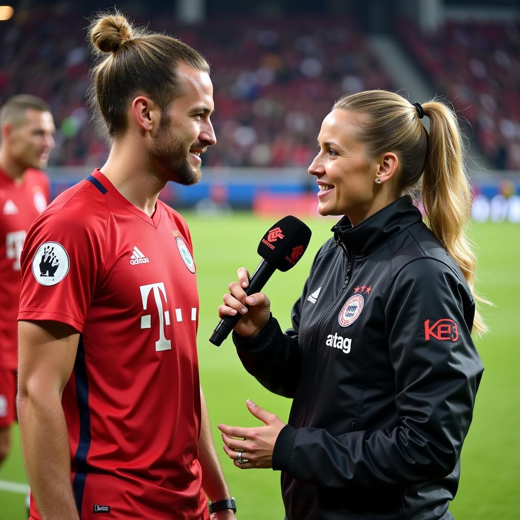 Angela Engels interviewt einen Bayer Leverkusen Spieler nach dem Spiel