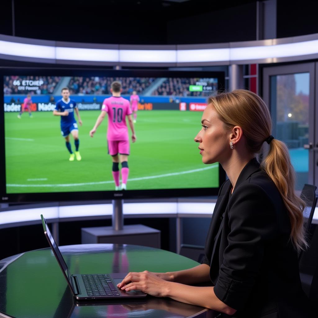 Angela Engels analysiert ein Bayer Leverkusen Spiel im Studio