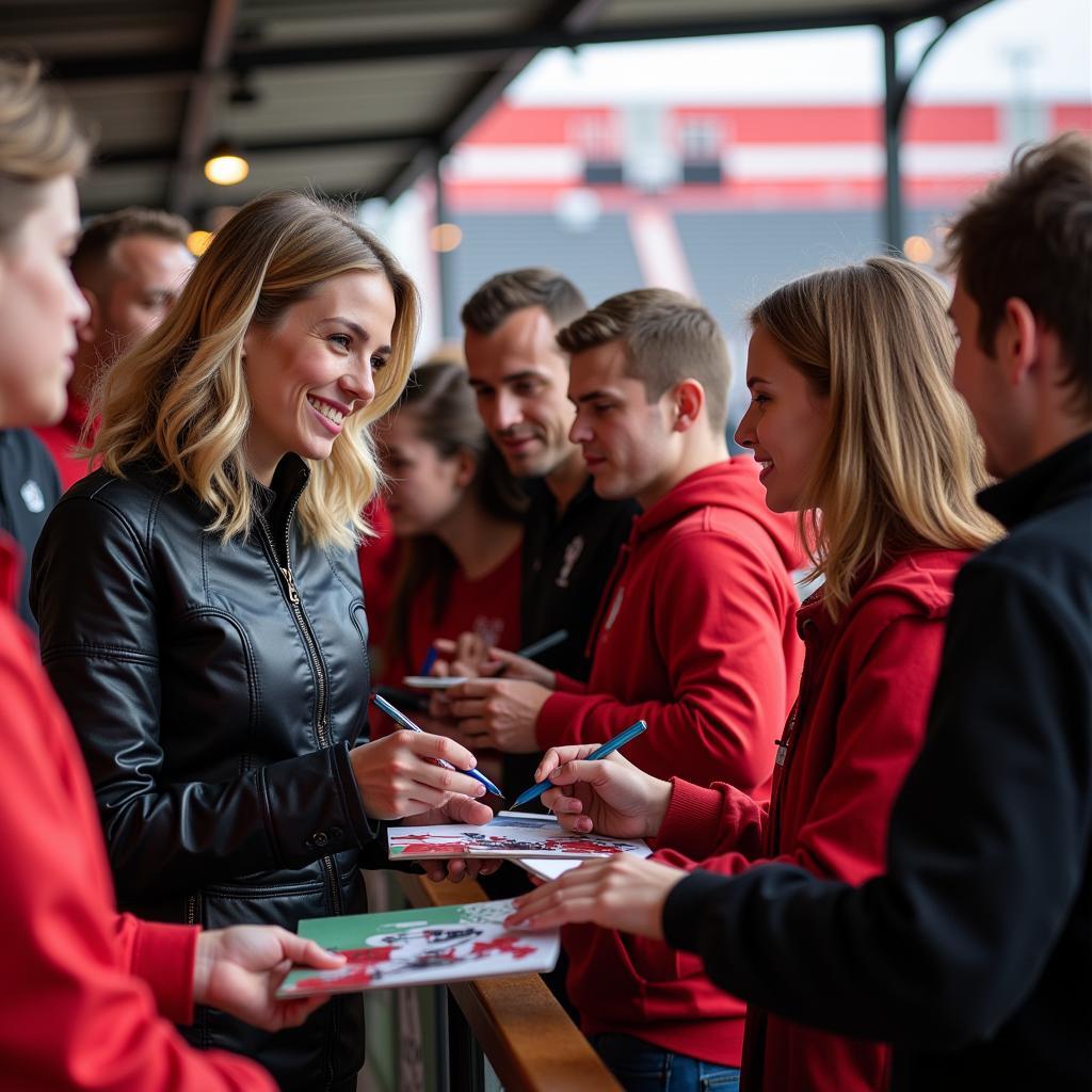 Angelika Hausschild mit Fans von Bayer 04 Leverkusen.