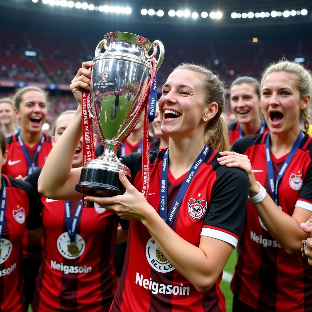 Anja Kleine-Boymann feiert den Gewinn des DFB-Pokals mit Bayer 04 Leverkusen.