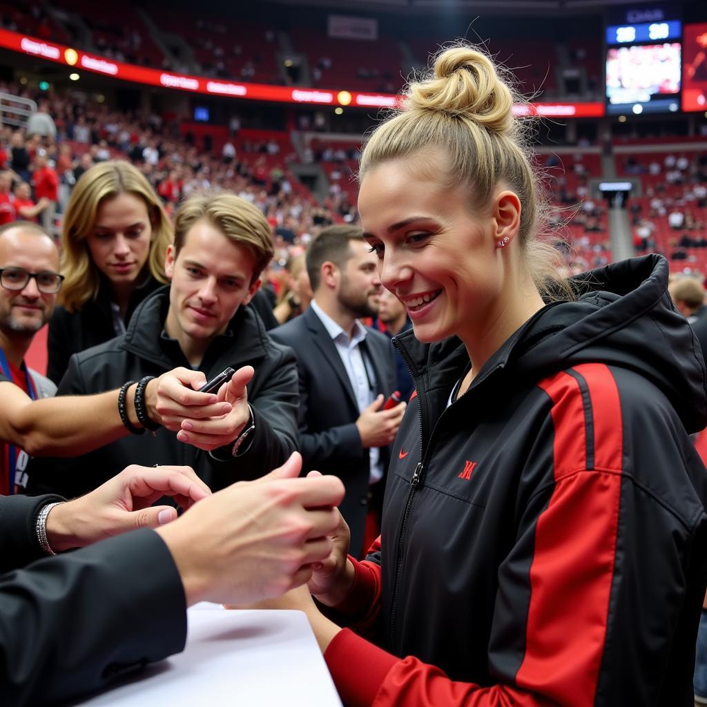 Anke Geller mit Fans von Bayer 04 Leverkusen.