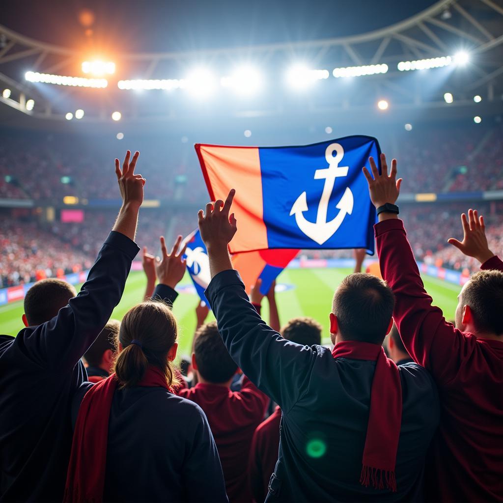 Anker Leverkusen Fans: Ein Bild von jubelnden Fans im Stadion mit Fahnen und Schals, auf denen der Anker prominent zu sehen ist.