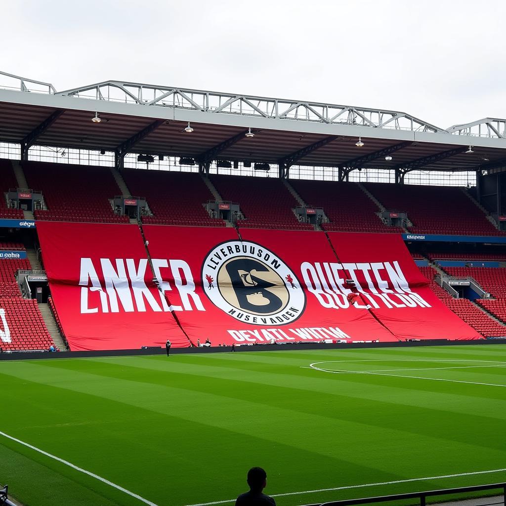 Anker Leverkusen Quetting Banner: Ein großes Banner im Stadion mit der Aufschrift "Anker Leverkusen Quetting" und dem Vereinslogo.