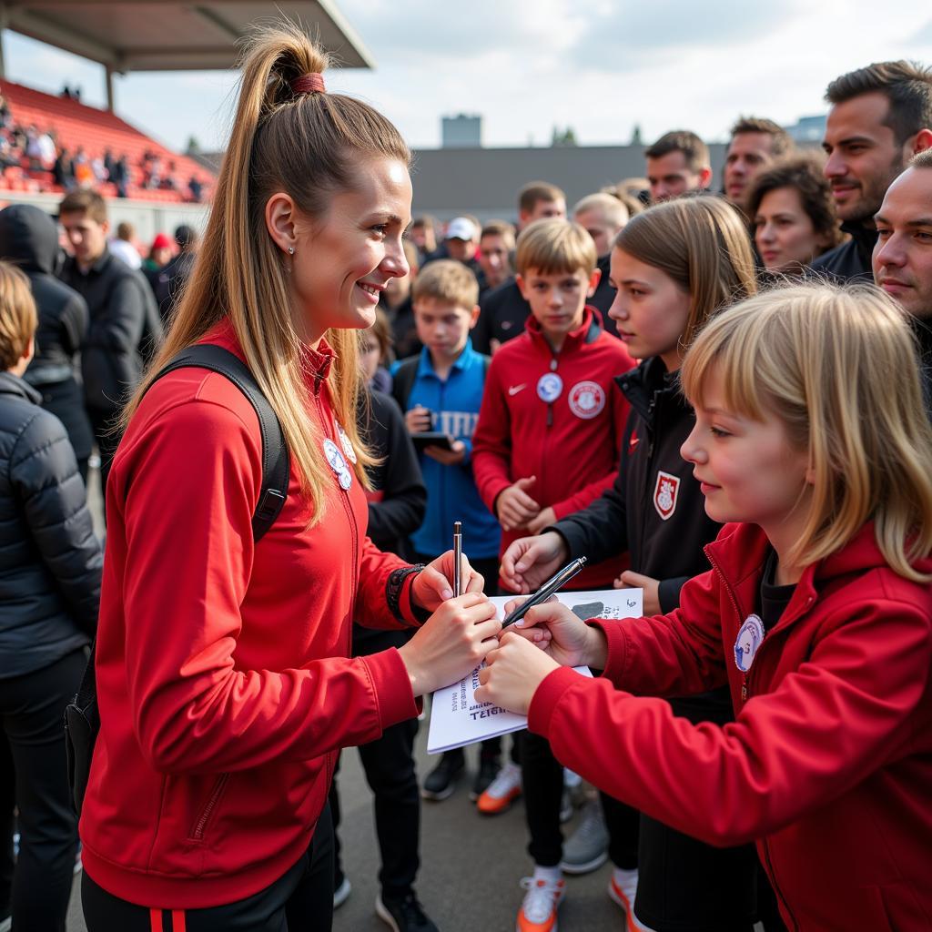 Ann-Kathrin Kaiser mit Fans von Bayer 04 Leverkusen.