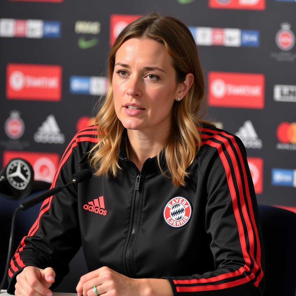 Annette Schneider bei einer Pressekonferenz von Bayer 04 Leverkusen