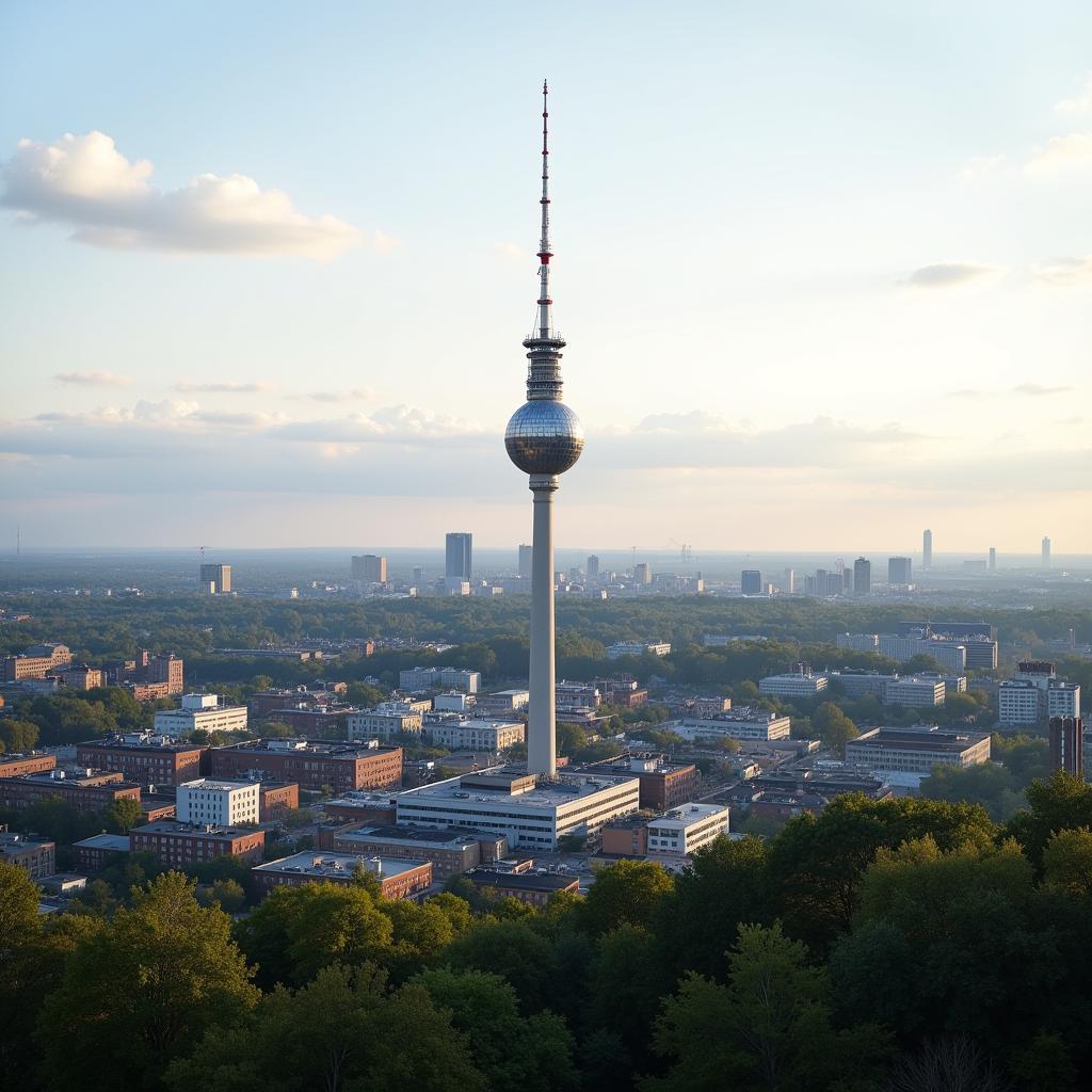 Panoramablick auf Leverkusen mit dem Antennenmast im Hintergrund