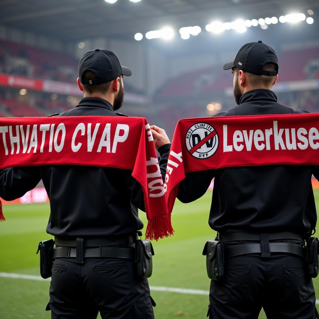 Sicherheitskräfte im Stadion kontrollieren Anti Leverkusen Schals