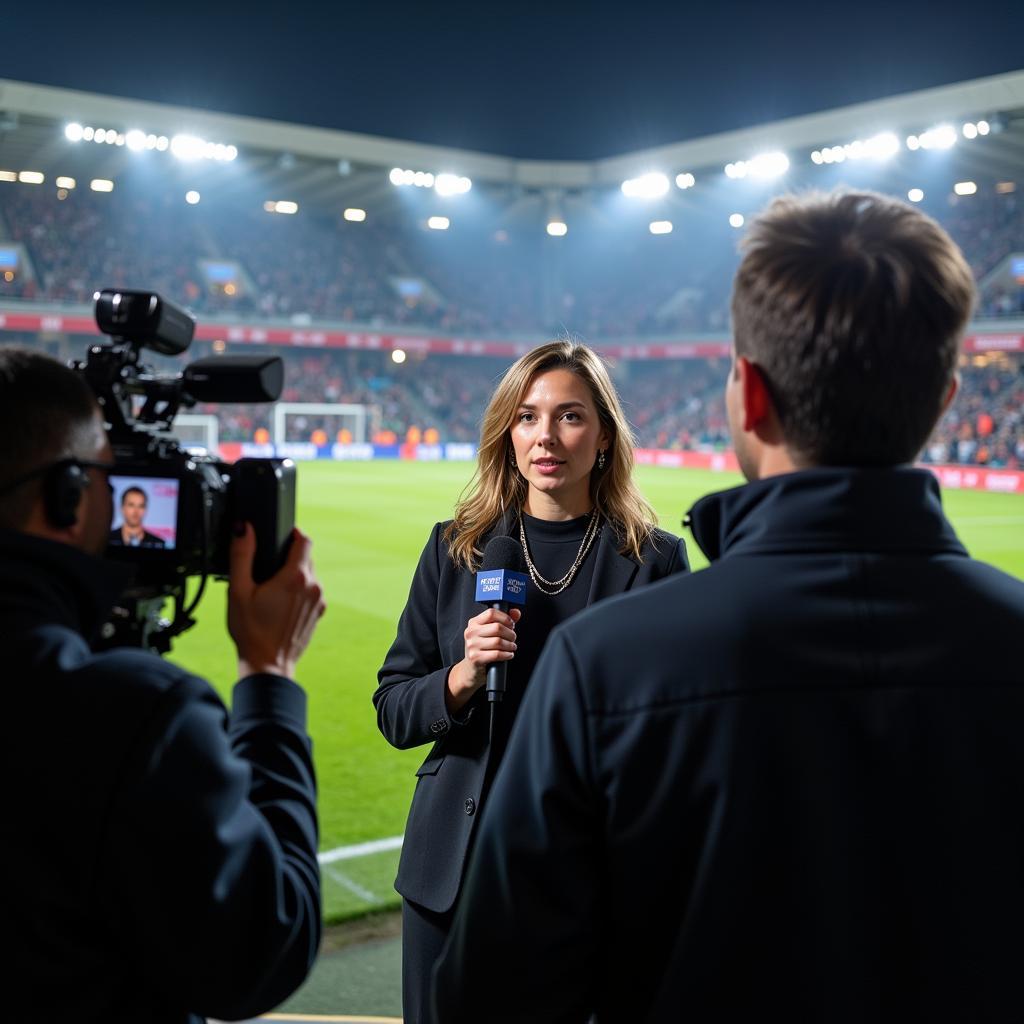 Antje Herbst berichtet live aus einem Fussballstadion.