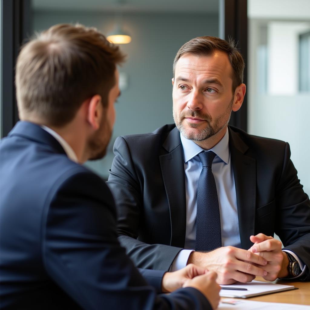 Anwalt Hüttemann und Mandant besprechen Strategie