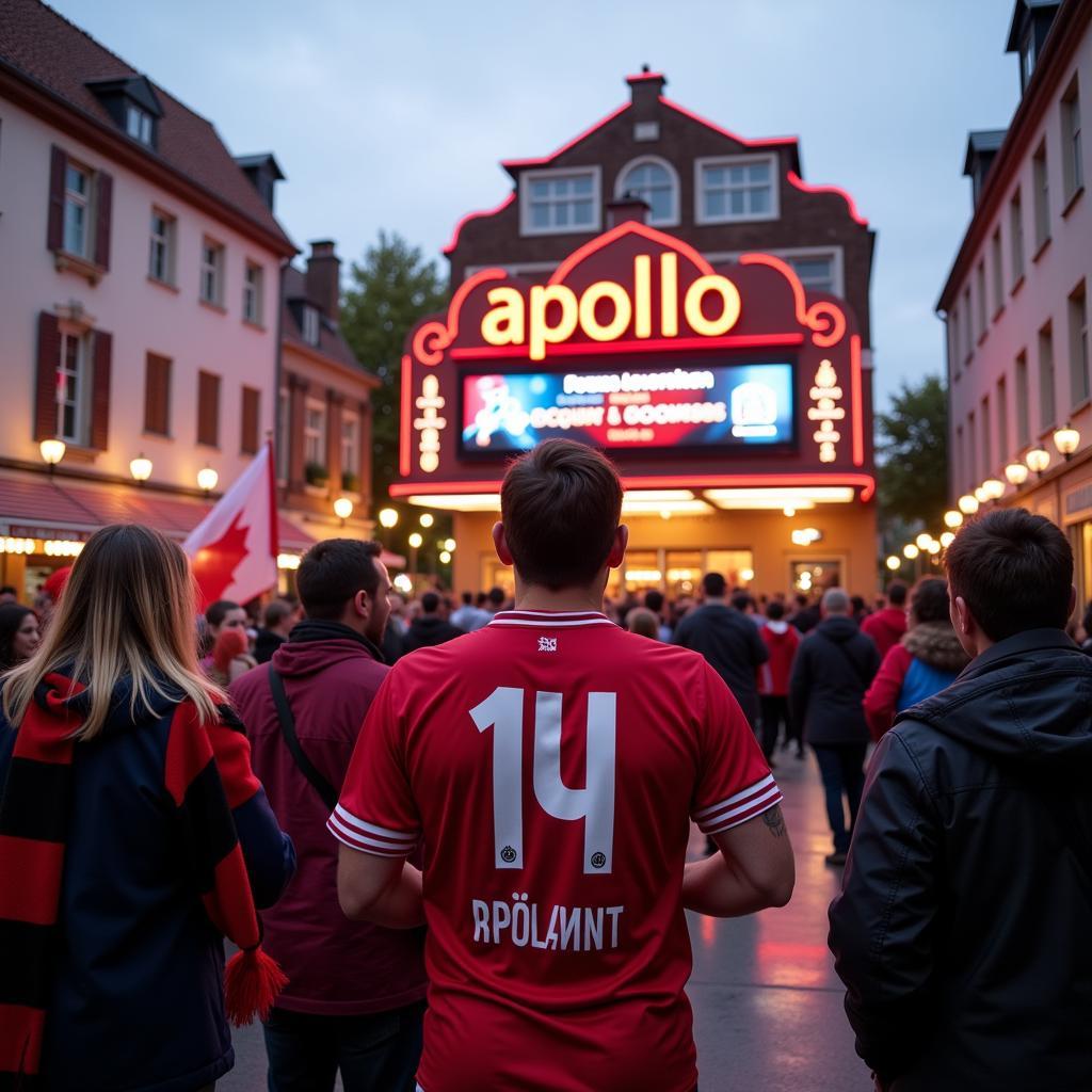 Fans treffen sich vor dem Apollo Kino am Rathausplatz in Leverkusen.