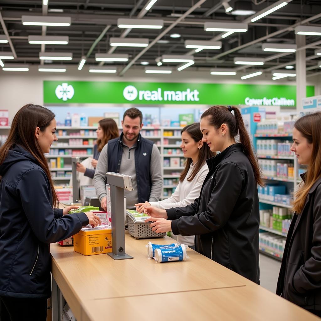 Kunden an der Kasse der Apotheke im Real Markt Leverkusen