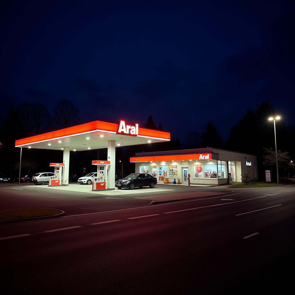 Aral Tankstelle an der Bonner Straße in Leverkusen bei Nacht.